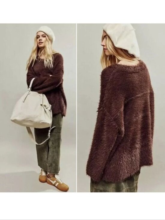 Free People Sweaters - Free People Harrison Bunny Crew Fuzzy SWEATER Size L Mocha Brown Slouchy NEW